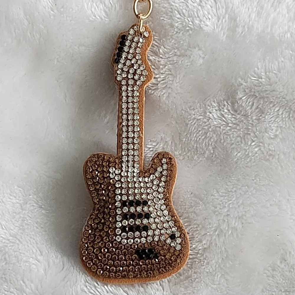 Guitar Keychain with Rhinestones and Gold Accents Bag Charm